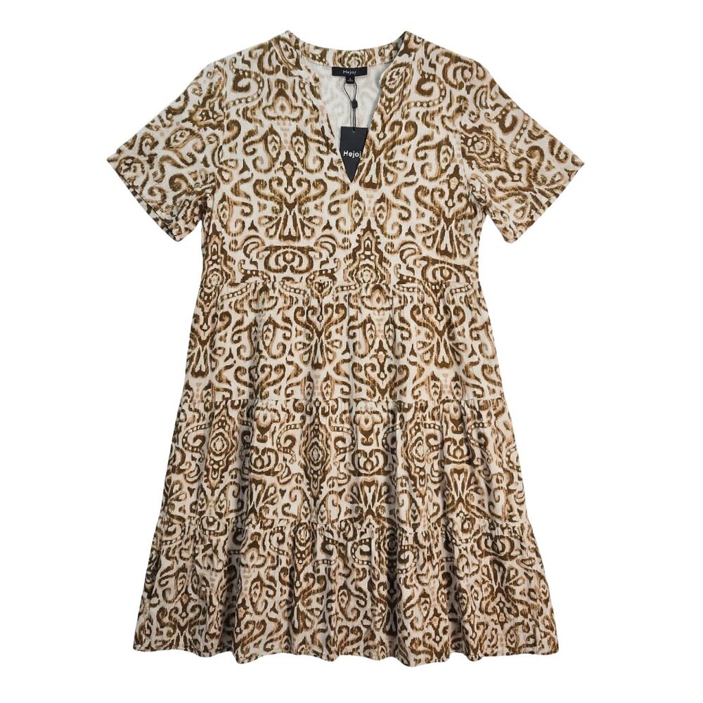 NWT | HeJoy | Brown & Cream Paisley Tiered V-Neck Flutter Sleeve Midi Dress | Me